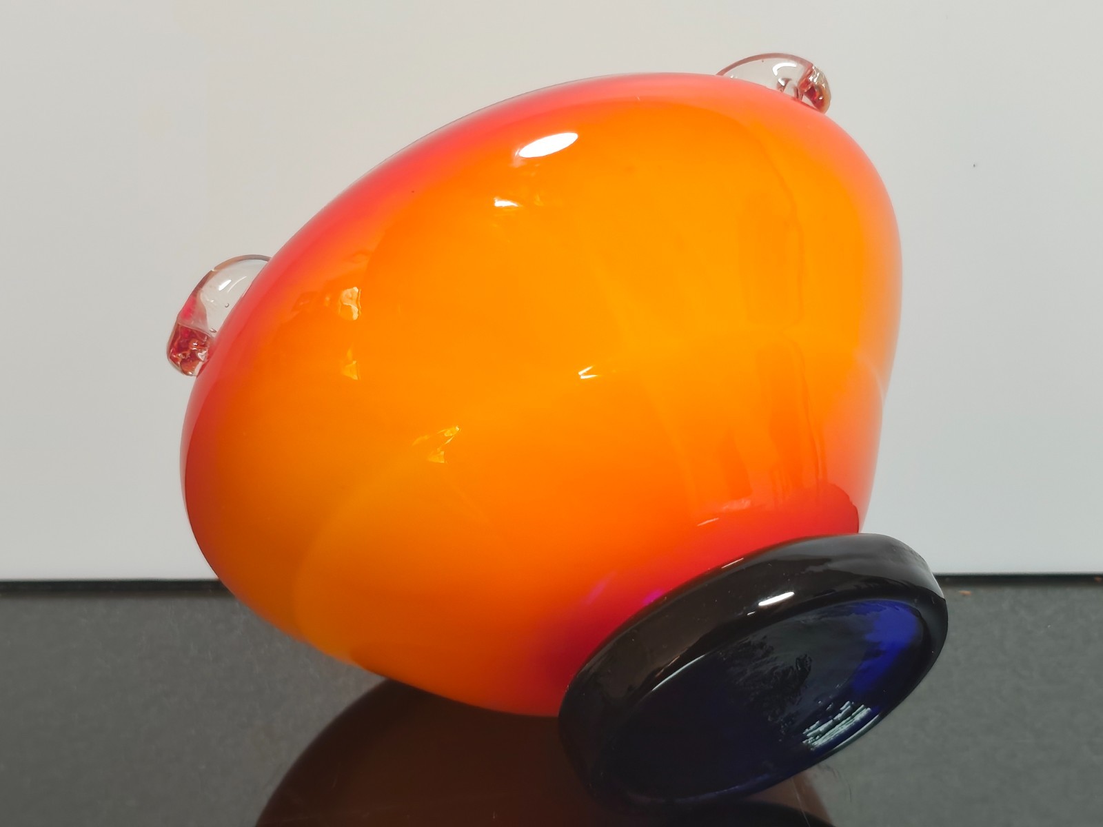 Art Deco Hand Blown Glass Orange Ashtray Blue Base - Image 5