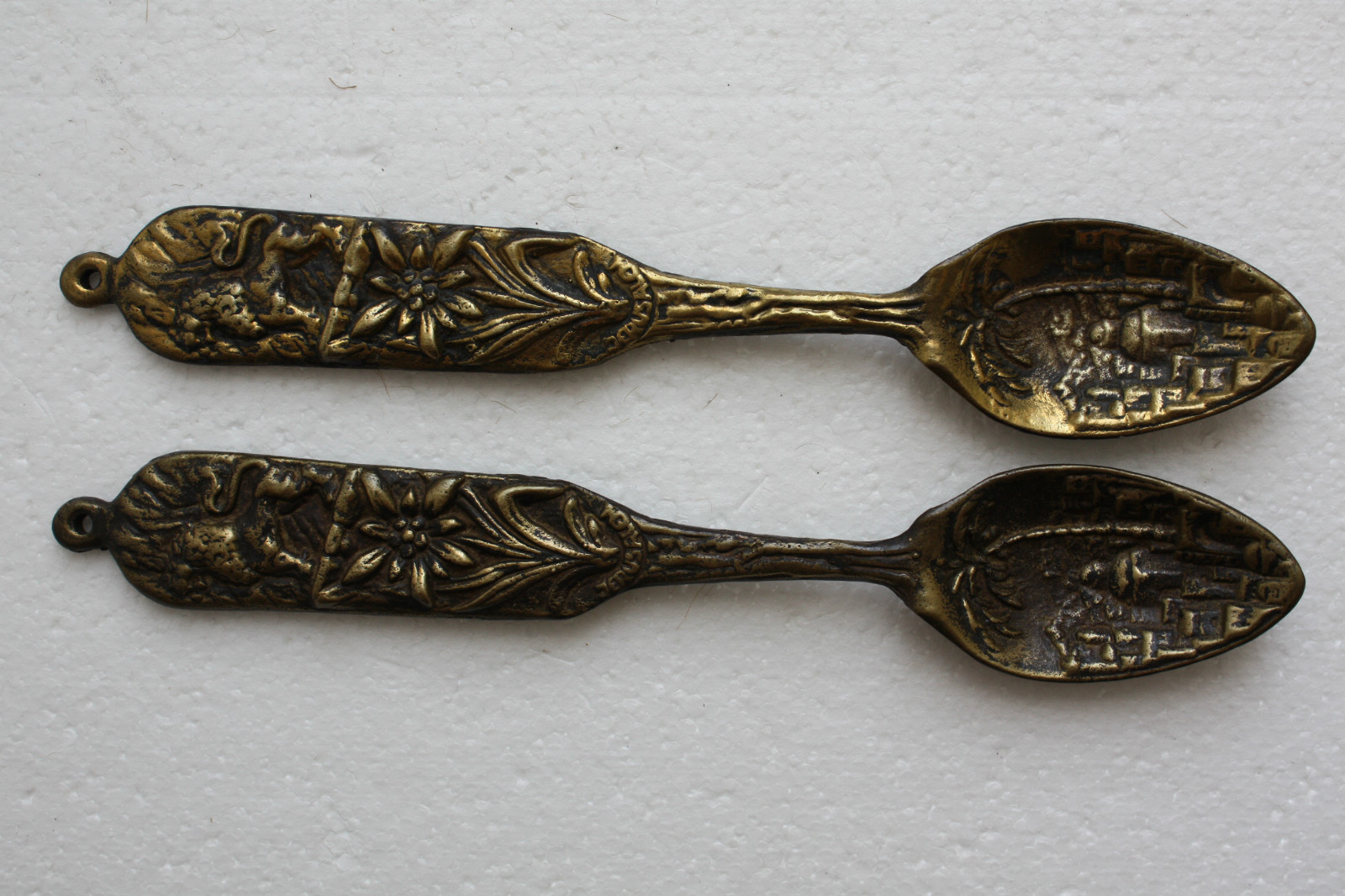 Pair of Antique Jerusalem Bronze Spoon Wall Hanging Large and Heavy Holy Land IL