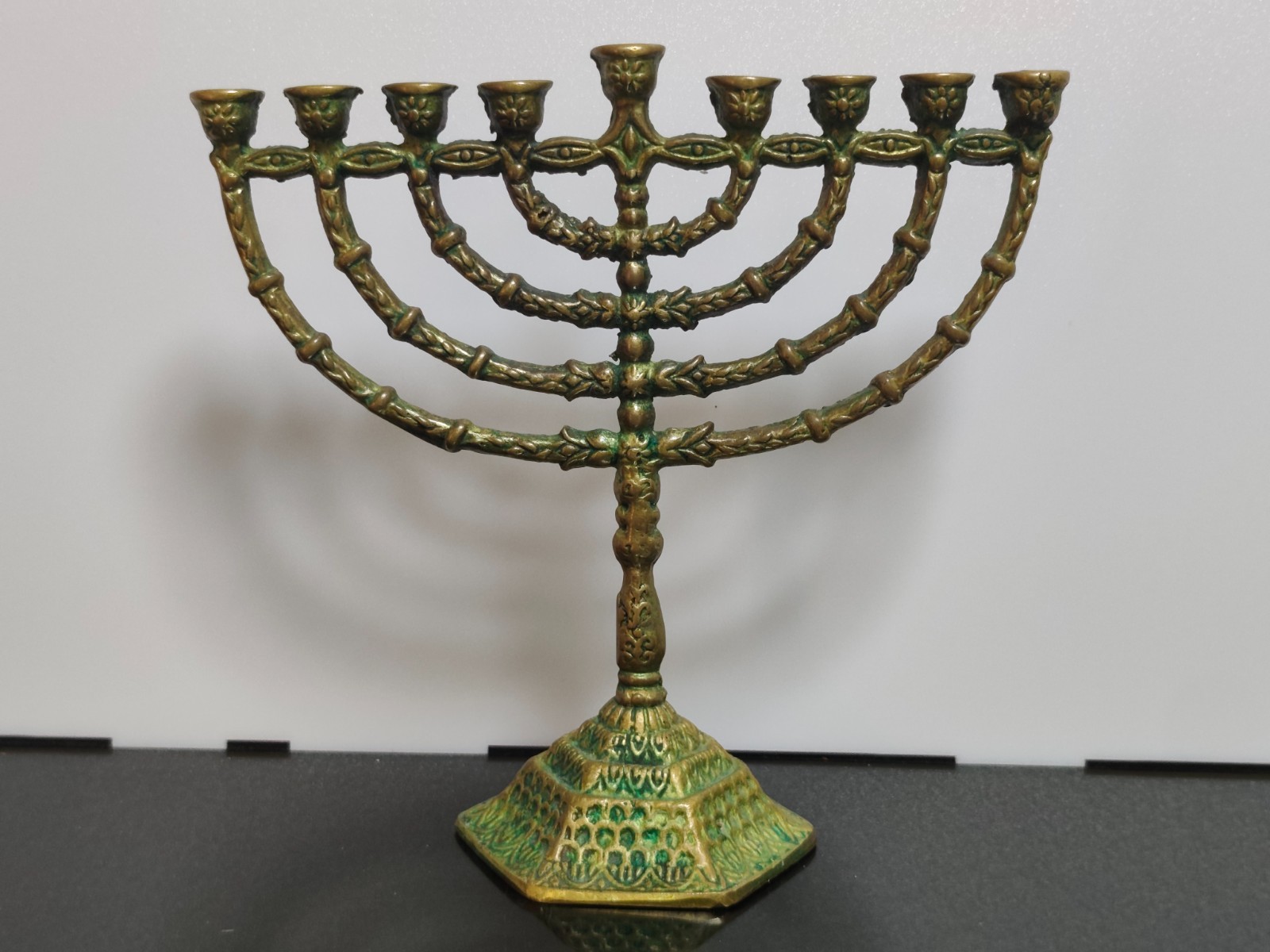 Vintage Brass Hanukkah Menorah Lamp Candleholder 9 Branch Israel Holy Land