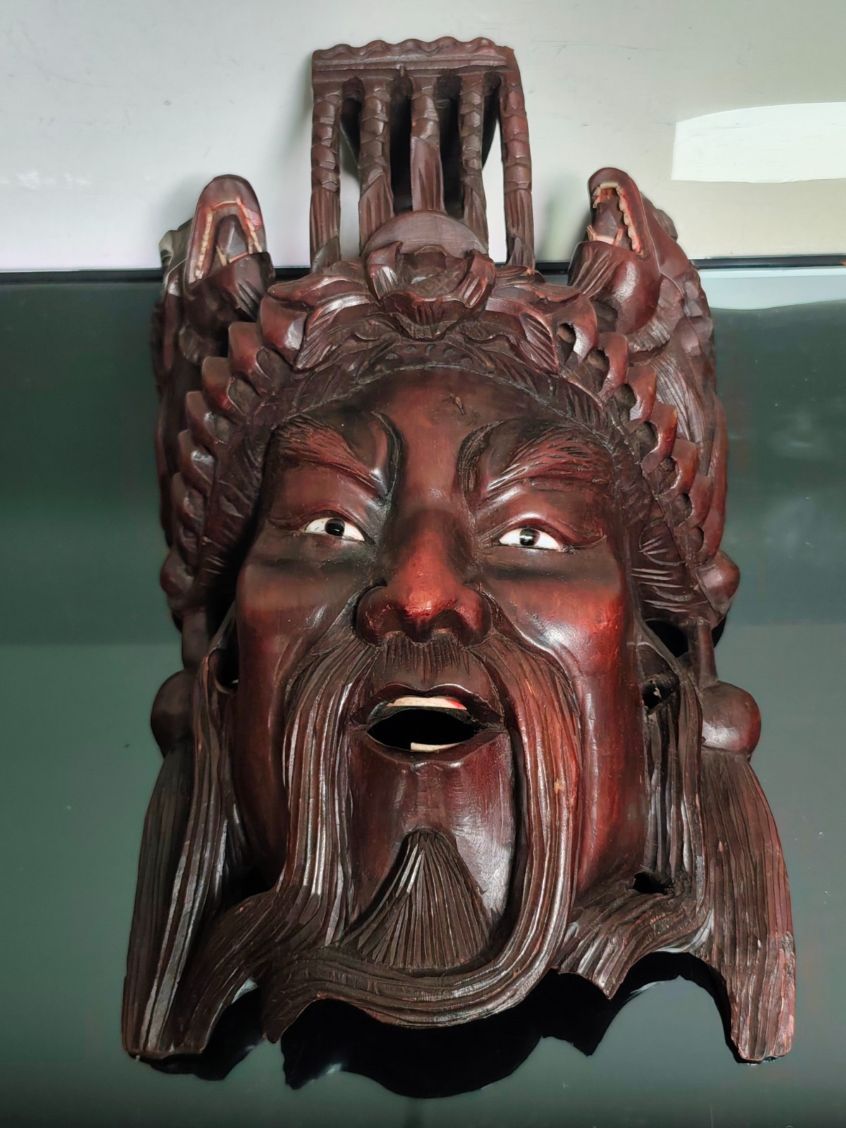 Vintage Oriental Chinese Hand Carved Rosewood Ancient Emperor Deity Foo Dog Mask - Image 3