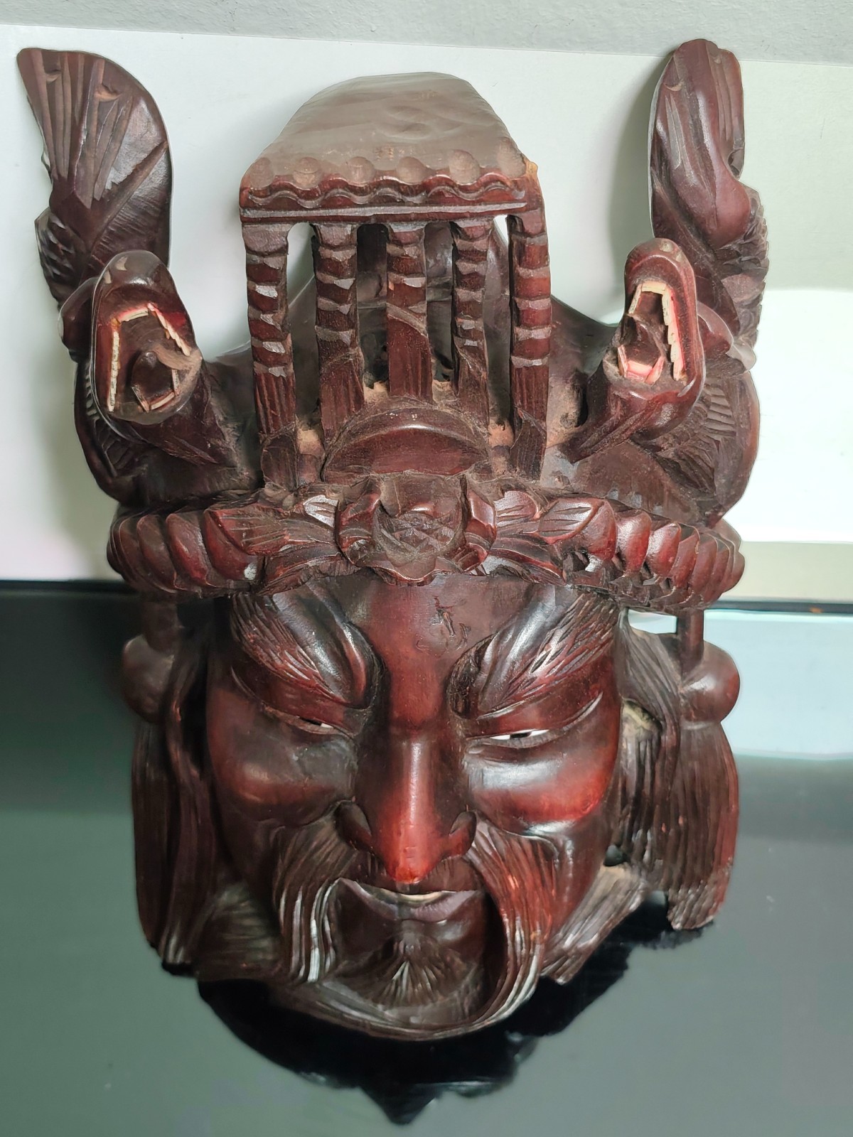 Vintage Oriental Chinese Hand Carved Rosewood Ancient Emperor Deity Foo Dog Mask - Image 4