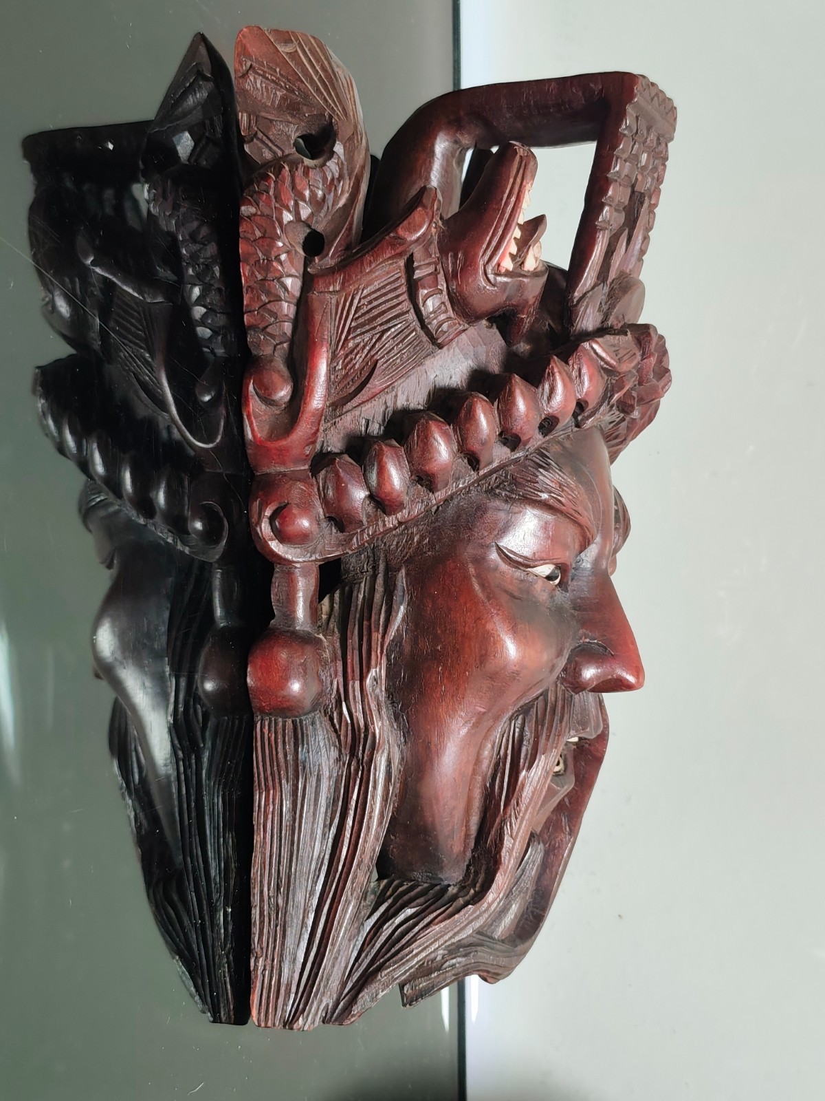 Vintage Oriental Chinese Hand Carved Rosewood Ancient Emperor Deity Foo Dog Mask - Image 6