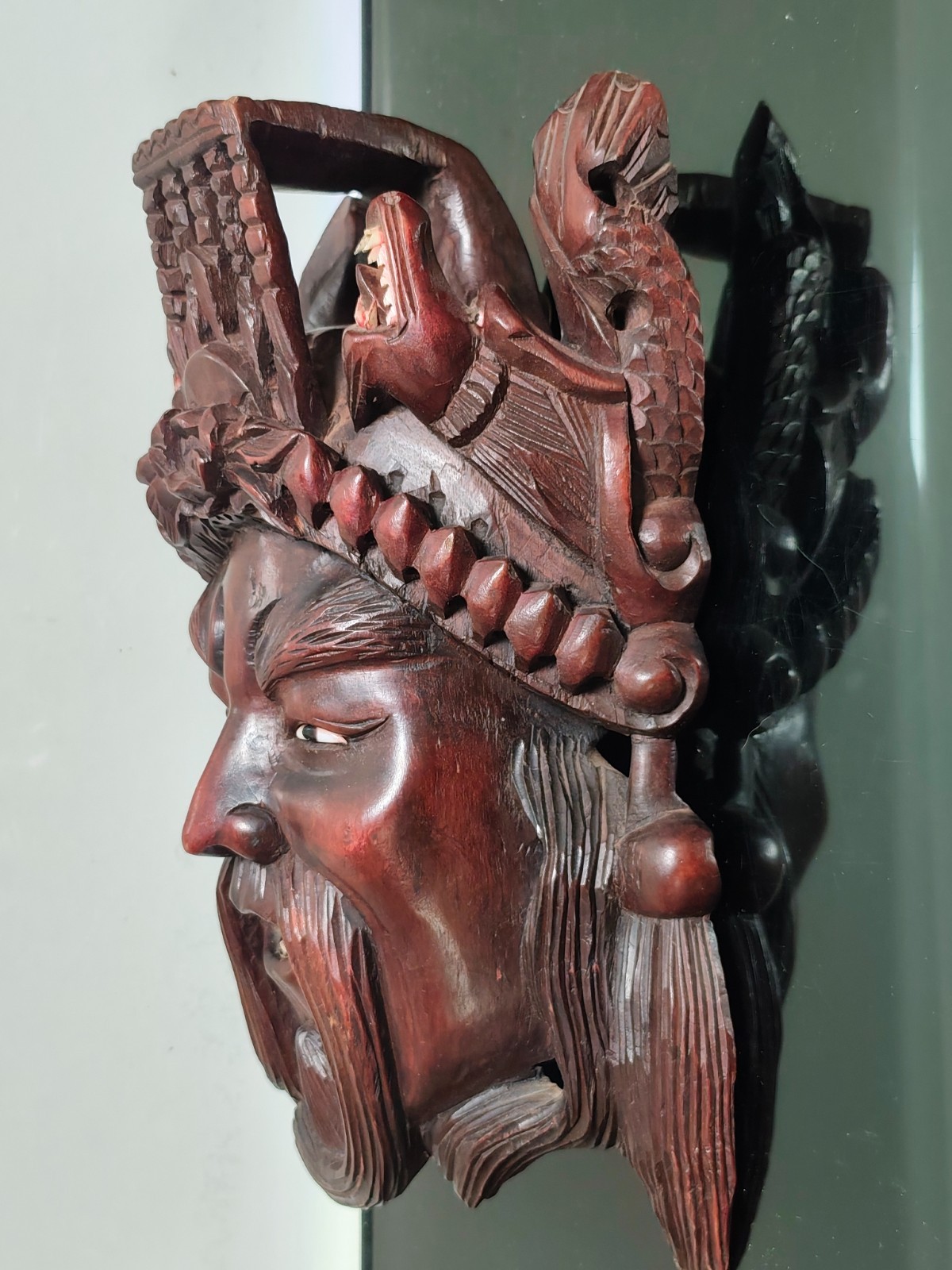 Vintage Oriental Chinese Hand Carved Rosewood Ancient Emperor Deity Foo Dog Mask - Image 7