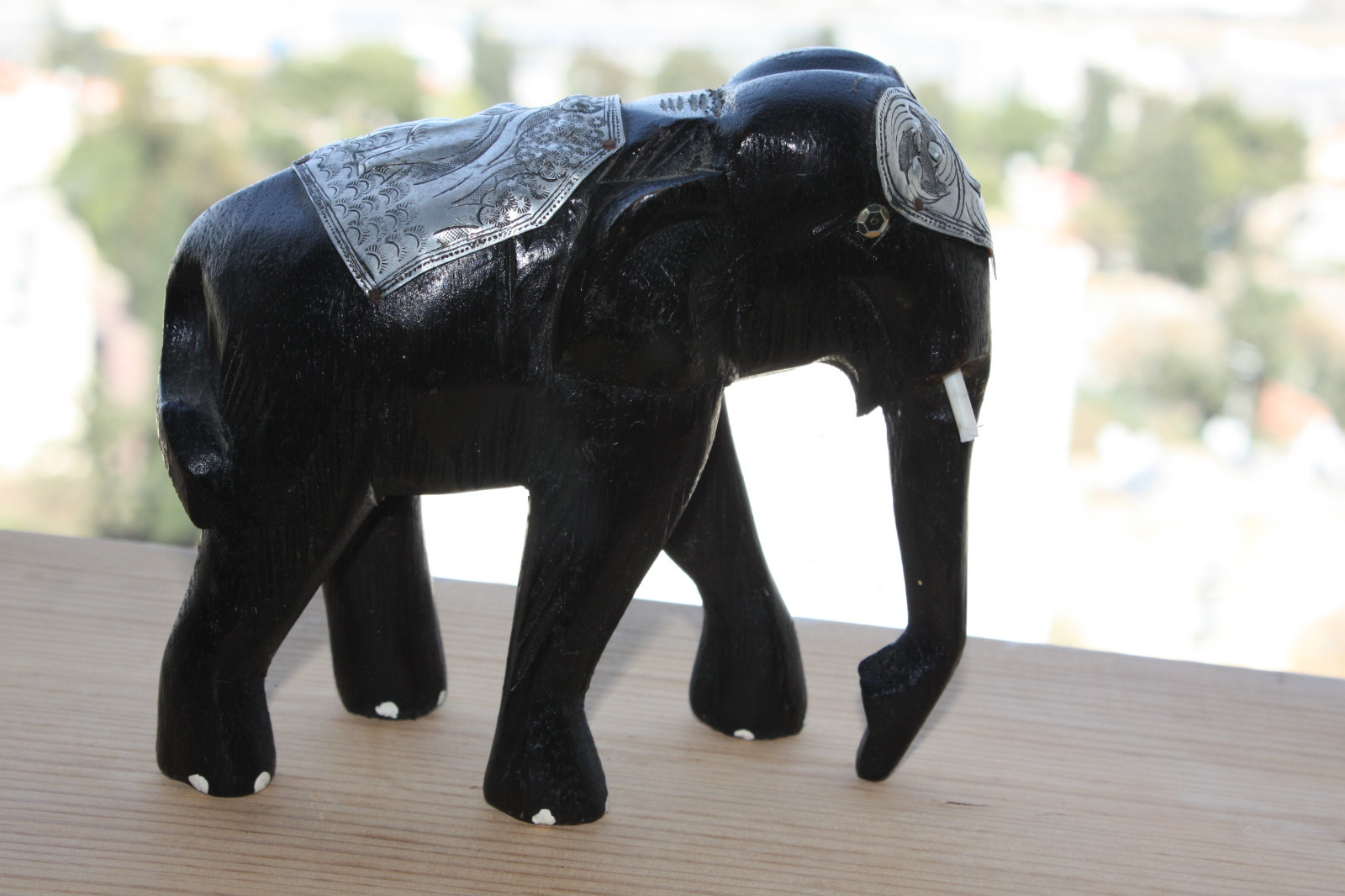Vintage Solid Wood Elephant Figurine Handmade Home Decoration Collectible 6"